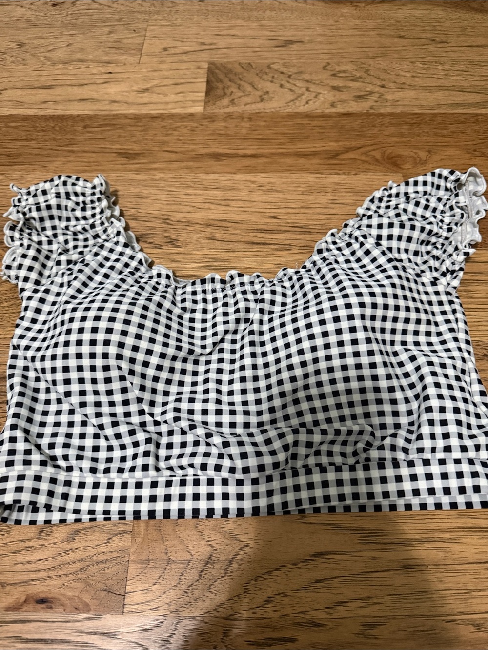 Coral Reef Gingham Smocked Shoulder Crop Swim Top - Black & White Size Large